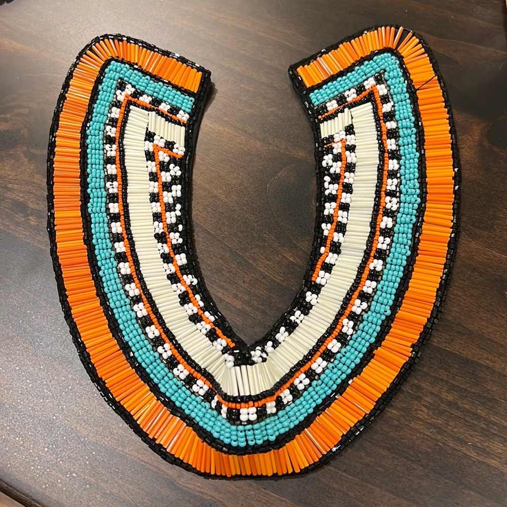 Olivia Dar intricately beaded turquoise, orange, black & white choker necklace